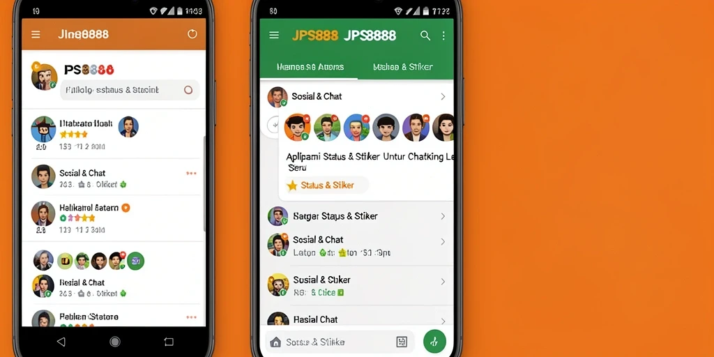 Antarmuka JPS888 menampilkan pilihan Status & Stiker yang menarik.